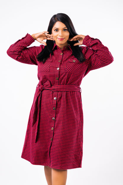 Women's Plaid Flap Pockets Belted Shirt Dress