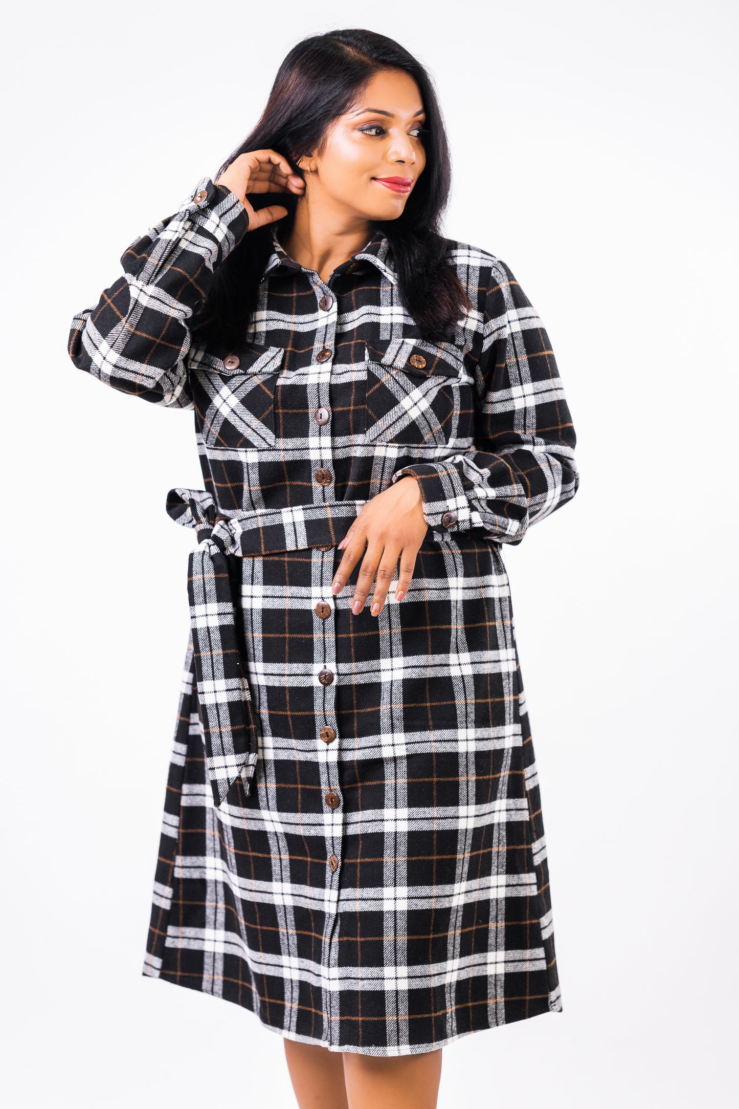 Women's Plaid Flap Pockets Belted Shirt Dress