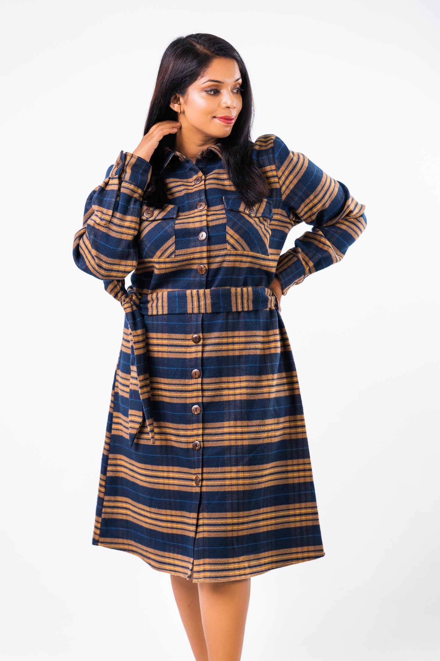 Women's Plaid Flap Pockets Belted Shirt Dress