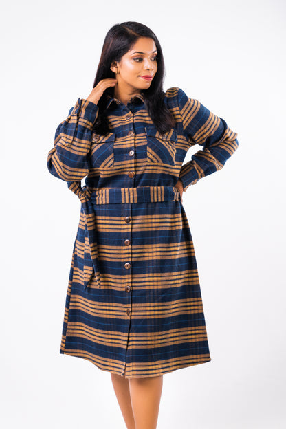 Women's Plaid Flap Pockets Belted Shirt Dress