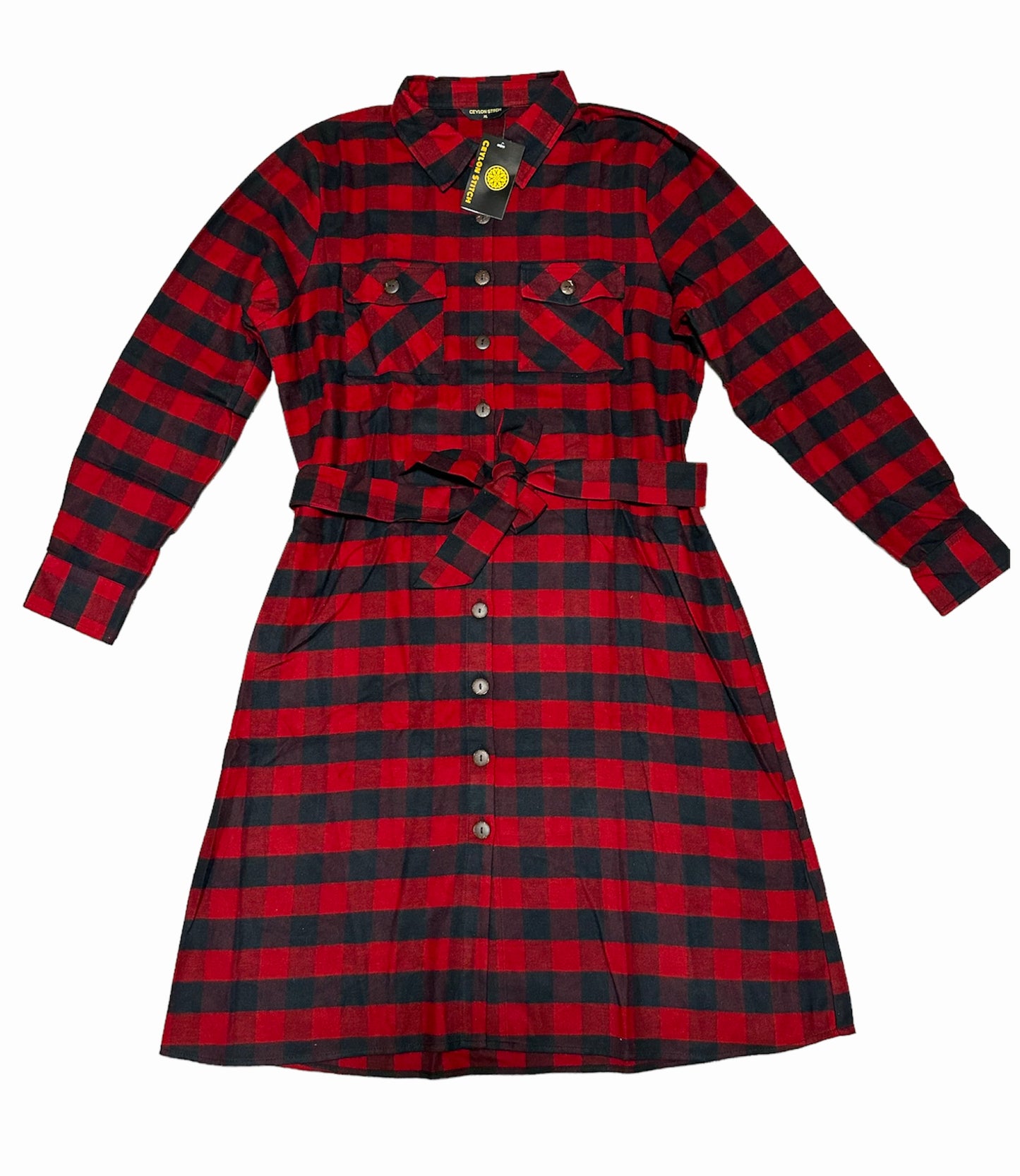 Women's Plaid Flap Pockets Belted Shirt Dress