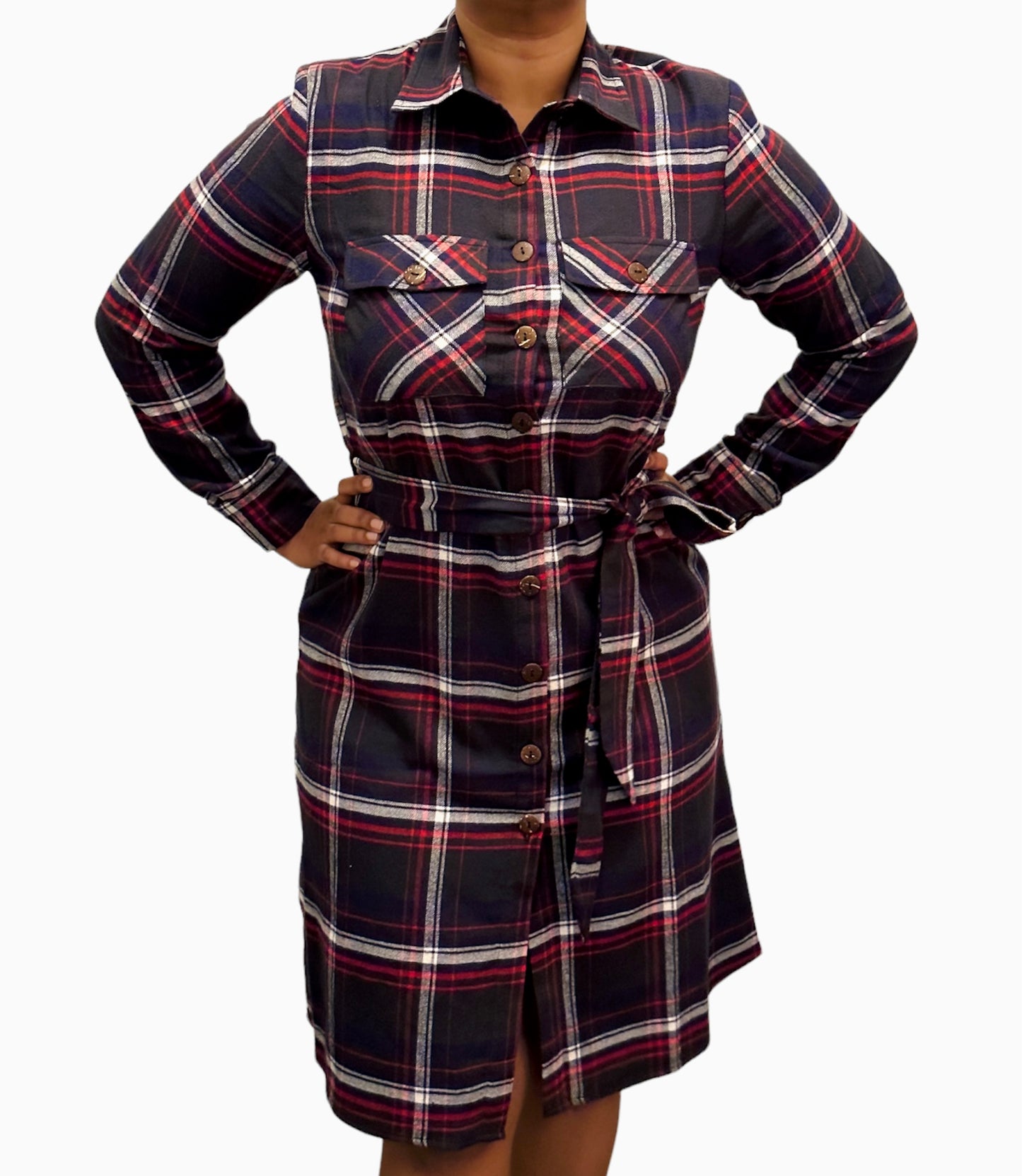 Women's Plaid Flap Pockets Belted Shirt Dress